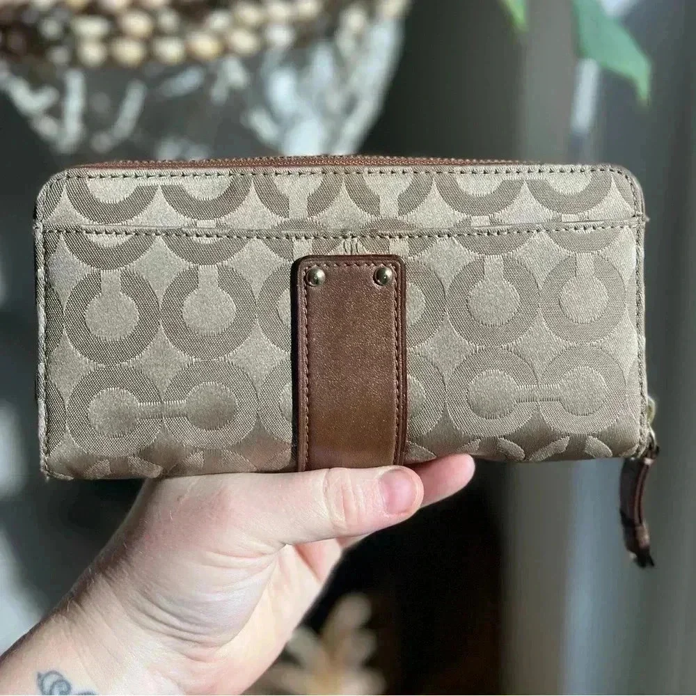 Coach Signature Canvas Zip-Around Accordion Wallet with Belt Buckle Detail